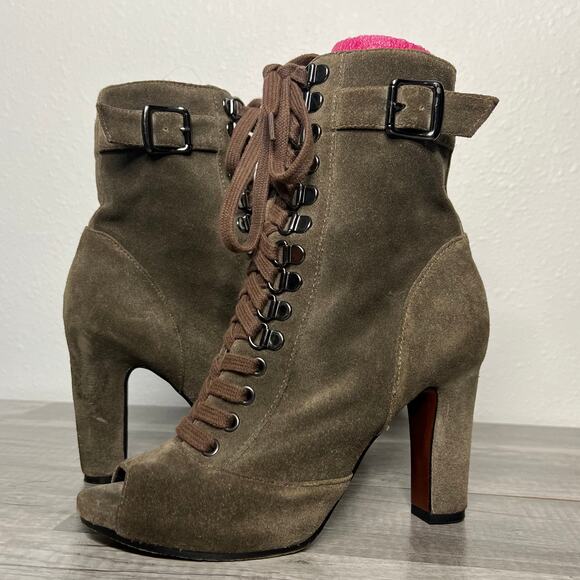 SAM Edelman Belmont Suede Zip Peep Toe Lace Up Ankle Boots Size 6 1/2 - Picture 2 of 6